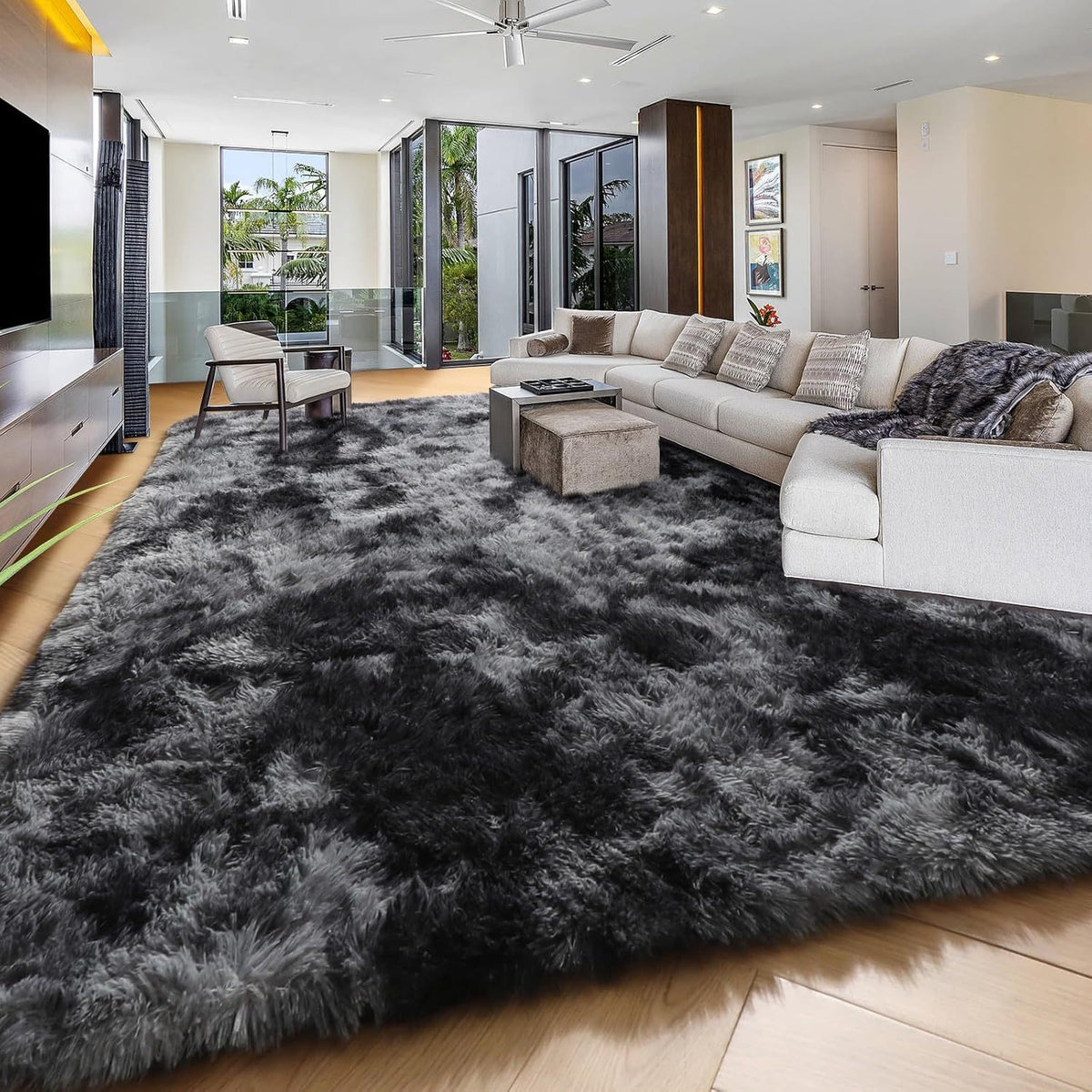 Machine Washable Shaggy Area Rug 650GSM Thick Plush – Soft Fluffy Carpet for Living Room Bedroom Playroom, Jacquard Tie-Dye & Solid Colors, 5x8 6x9 8x10 Ft, Black Grey White Pink Blue