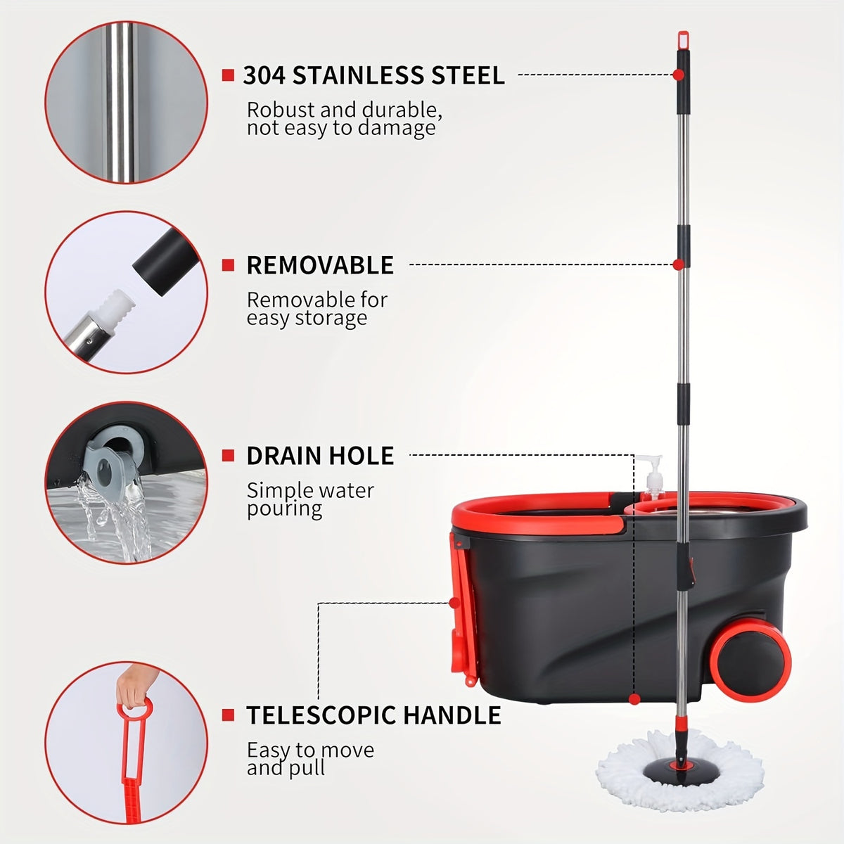 Spin Mop and Bucket Set with Wringer – 360° Spin Mop System, 3 Microfiber Replacement Heads & 61" Adjustable Handle for Floor Cleaning, Home & Holiday Cleaning