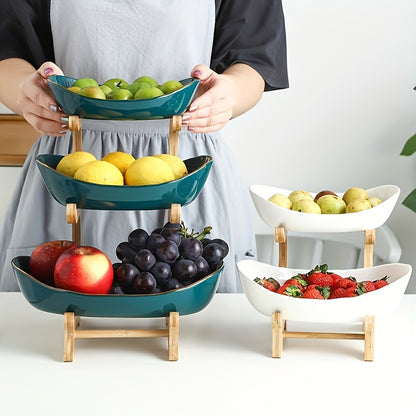 Tiered Wooden Fruit Stand 2 & 3 Layer Countertop Bowl – Natural Wood Farmhouse Fruit Basket, Candy & Snack Display Tray for Kitchen & Living Room, Space-Saving Easy Assembly, White & Green