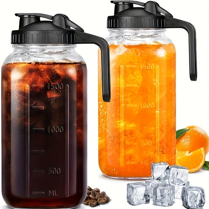 Mason Jar with Handle and Lid 64oz, 2/3 Pack BPA-Free Borosilicate Glass Jar with Lid, Leak-Proof Wide Mouth Beverage Carafe for Water Juice Smoothie, Sports Outdoor Kitchen Gift, Pink Black Blue