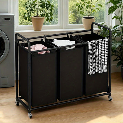 Laundry Basket 3-Bag Sorter Cart 63 Gallon Rolling Lockable Wheels Removable Bags Heavy Duty Hamper for Bedroom Laundry Room Black Gray Beige Brown