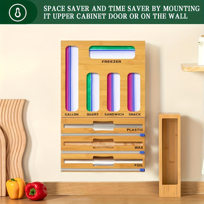 Bamboo Kitchen Drawer Organizer 7-in-1 & 9-in-1 – Plastic Wrap, Foil & Storage Bag Holder with Cutter, Compatible with Gallon, Quart, Sandwich & Snack Size Bags, Kitchen Drawer Storage
