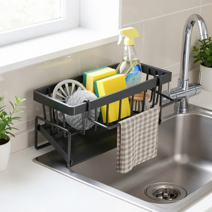 Sink Sponge Holder Kitchen Sink Organizer with Self-Draining Tray – Countertop Storage Rack for Dish Brush, Soap Dispenser & Sponge – Black Kitchen Sink Caddy for Home Organization