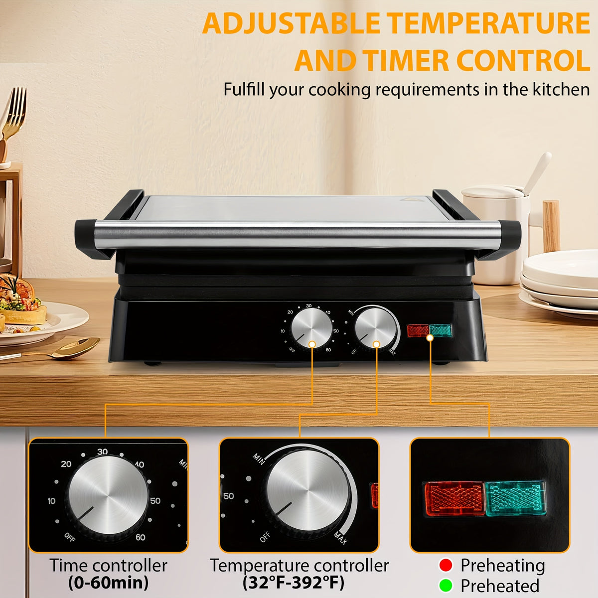 3-in-1 Electric Indoor Grill Panini Press Sandwich Maker with Non-Stick Cooking Plates, Opens 180 Degree Flat Grill, Floating Hinge Fits All Foods, Temperature Control & Grease Tray, Compact Kitchen Appliance