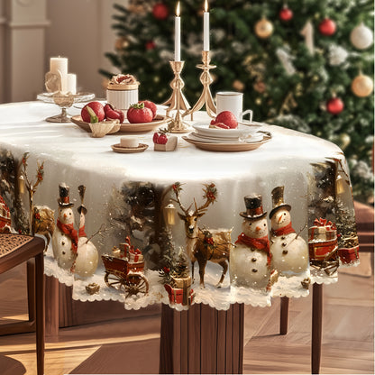 Christmas Tablecloth Vintage Snowman Reindeer & Christmas Tree Red, Durable Polyester Holiday Table Cover for Rectangular Round Oval Tables, Festive Xmas Party Home Restaurant Decoration