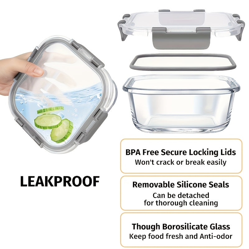 24pcs Glass Lunch Bento Boxes with Lids – 12 Containers + 12 Lids, Leak-Proof Meal Prep Food Storage, Microwave Oven Refrigerator Dishwasher Safe, Grey