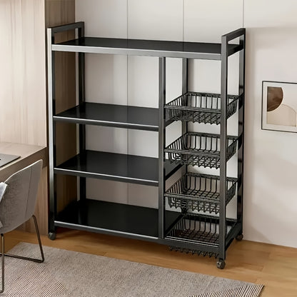 Rolling Storage Rack with Baskets Adjustable Metal Shelf on Wheels Kitchen Pantry Organizer Garage Bathroom Closet Utility Standing Shelf
