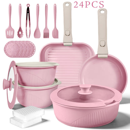 Non-Stick Cookware Set with Removable Handles, 5 7 24 Piece Induction Ready Pots and Pans Set, Stackable Space Saving Kitchen Set with Skillet Frying Pan Soup Pot Steak Pan, Easy to Clean, Multiple Colors