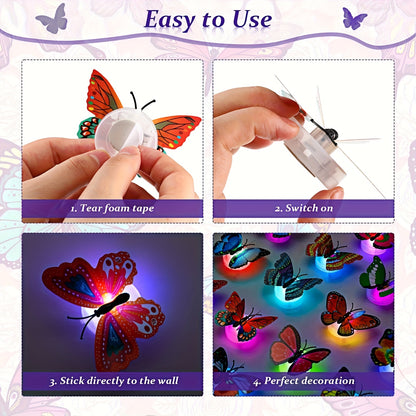 LED Butterfly Wall Decorations 30 Pcs 3D Butterfly Night Light Stickers for Bedroom Living Room Party Wedding Decor, Colorful Glowing Butterfly Wall Stickers Home Decor Gift, Random Color