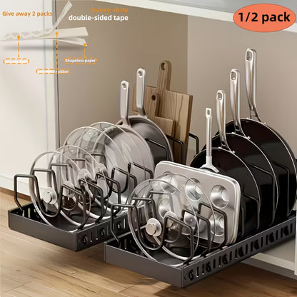Sliding Pot and Pan Organizer Rack with Pull-Out Drawer – Under Cabinet Kitchen Storage for Pot Lids, Baking Trays & Utensils, 8 Adjustable Dividers, Black White Gray