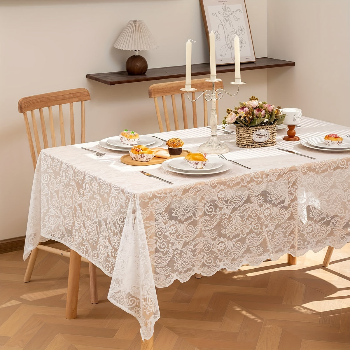 Lace Tablecloth Rectangular Floral Embroidered Wedding Dinner Table Cover - White & Black, Multiple Sizes, Polyester Machine-Made Holiday Home Decor