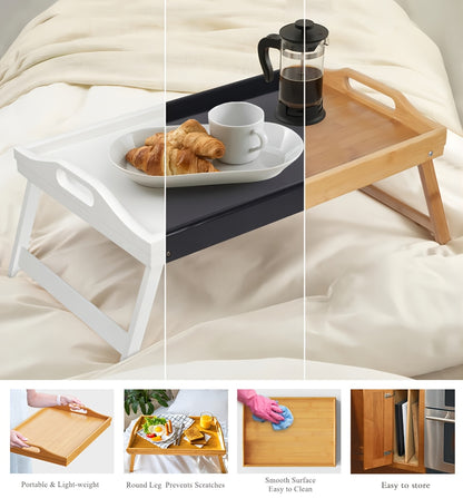 Bamboo Breakfast Tray with Folding Legs & Handles 2 Pack, Extra Wide Foldable Bed Tray Table for Eating Working Drawing, Portable Lap Desk for Sofa Bed Couch, Natural Bamboo with 10 Paper Plates