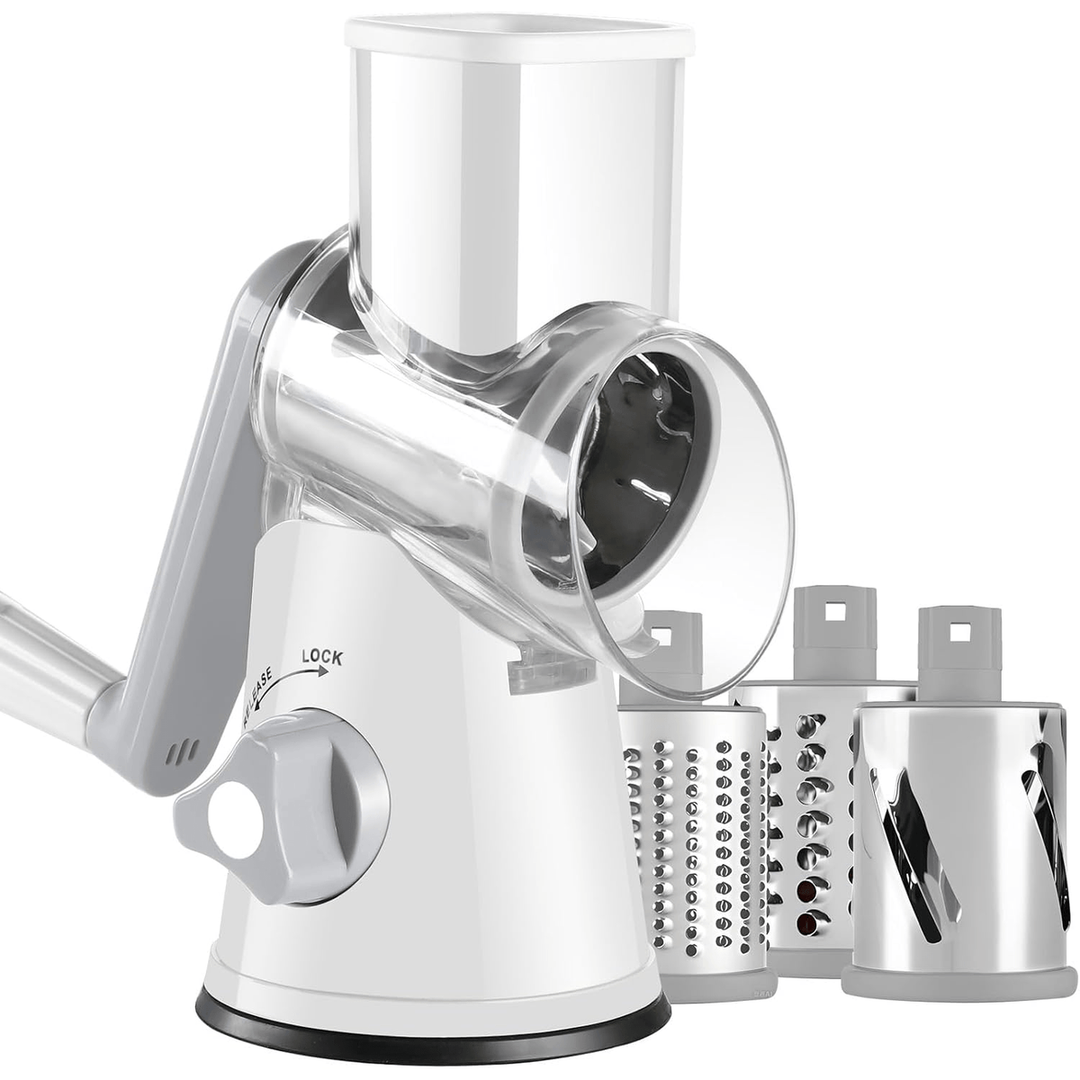 Suction Base Rotary Cheese Grater Hand Crank 3 Stainless Steel Blades BPA Free Touch-Free Shredder for Cheese Vegetables Nuts with Cleaning Brush Multi Color
