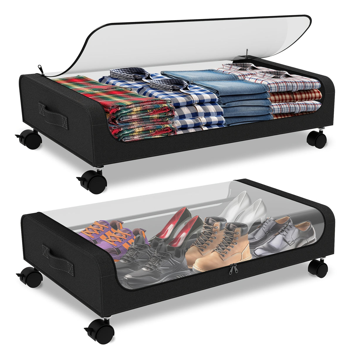 Under Bed Storage with Wheels 2-Pack XXL 70L Rolling Containers Organizer for Clothes Bedding Shoes Blankets - Transparent Lid Zippered 600D Oxford Bedroom Dorm