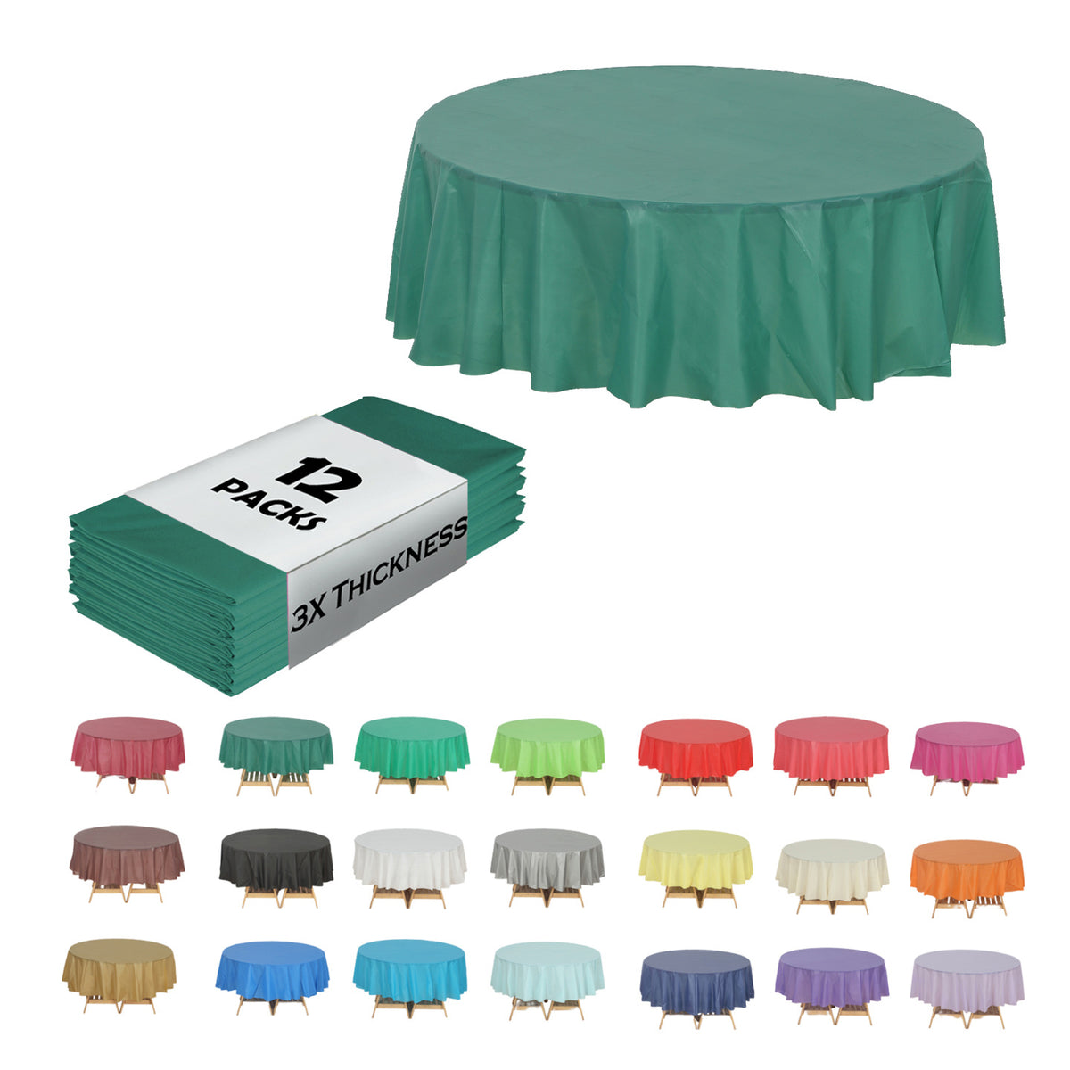 Disposable Plastic Tablecloth 12-Pack – Heavy Duty Table Cover for Parties, 84" Round & 54"x108" Rectangle, 22 Colors for Kitchen Dining Outdoor Events