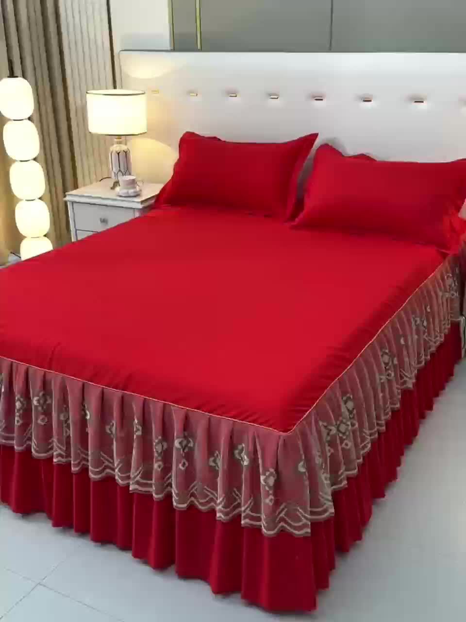 Macrame Bed Skirt Set 3 Piece with Pillowcases – Double Layer Lace Non-Slip Bedding for Twin Full Queen King, All Seasons, Red Grey Navy Purple