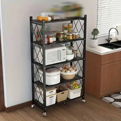 Rolling Storage Rack with Wheels 3 4 5 Tier Foldable Metal Shelving Unit Heavy Duty 50 lbs Per Shelf – Mobile Floor Standing Storage Shelf for Office Home Living Room Garage Black White