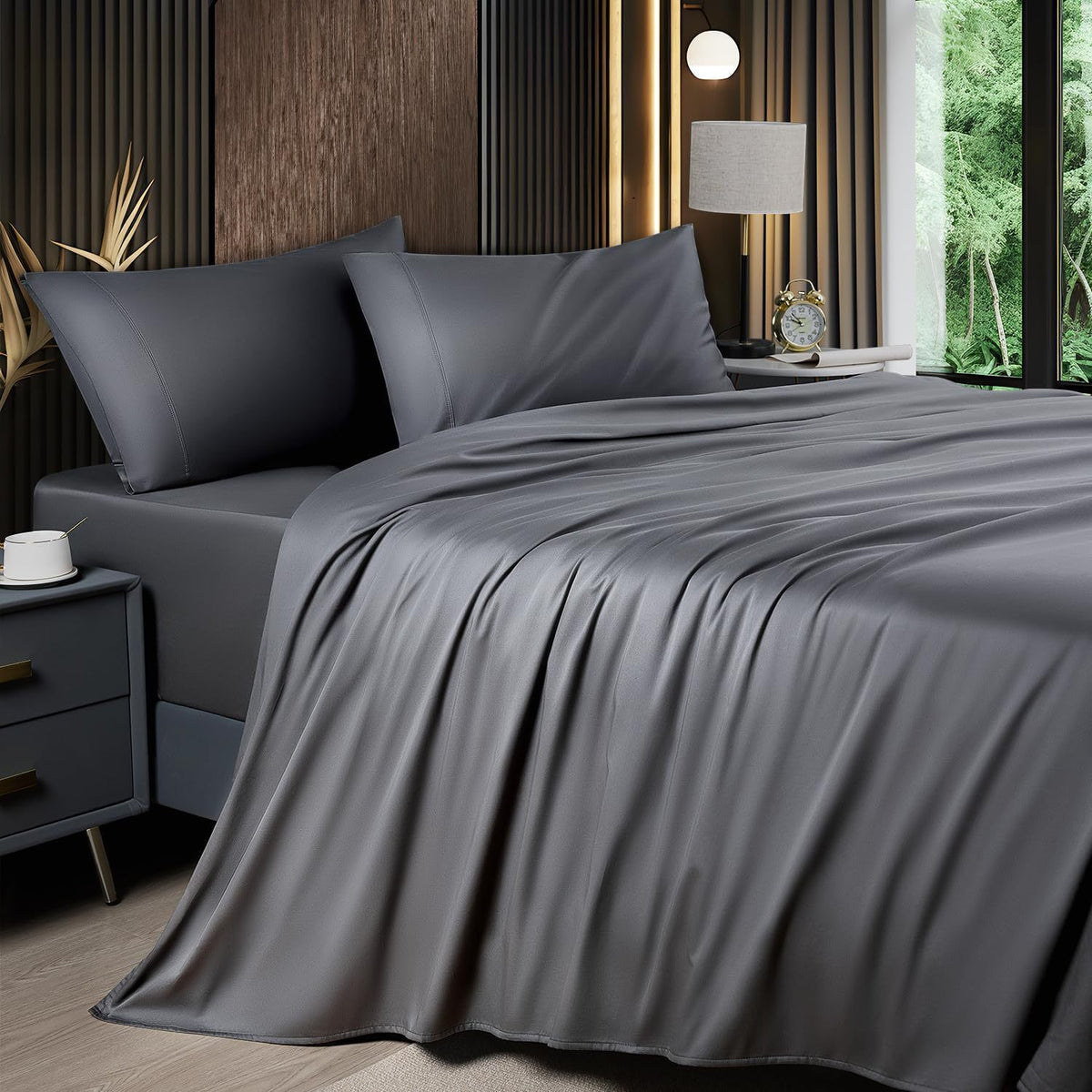 Cooling Bamboo Bed Sheet Set 4-Piece 2200TC – 16" Deep Pocket Silky Soft Breathable Luxury Bedding Flat Sheet Fitted Sheet & Pillowcases Twin Full Queen King in 11 Colors