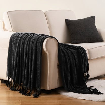 Boho Chenille Throw Blanket with Fringe 50x60 Inch – Soft Velvety Decorative Fringe Throw for Sofa Couch Bed Living Room Home Decor 17 Colors Cozy Gift for Women
