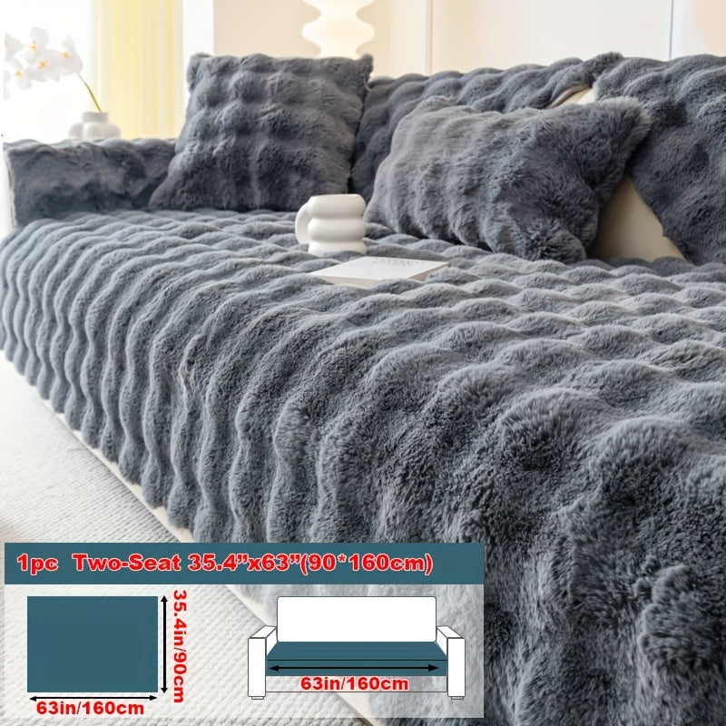 Faux Rabbit Plush Sofa Cover Winter Warm Thickened Anti-Slip Furniture Protector – Soft Pet-Friendly Couch Cover for Living Room Bedroom Office, 4 Colors