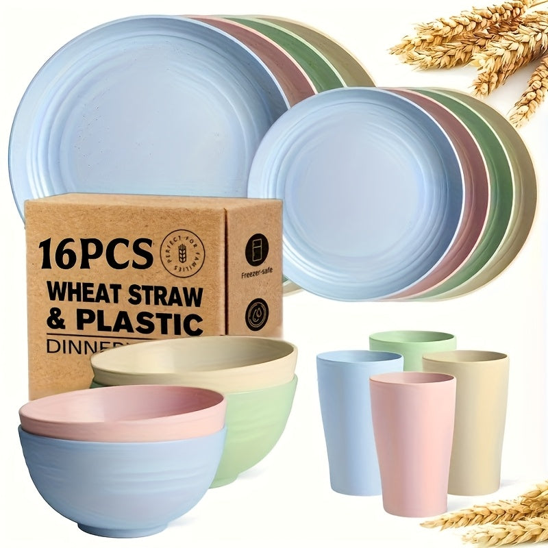 Wheat Straw Dinnerware Set Plates and Bowls 16 or 32 Piece – Microwave & Dishwasher Safe Unbreakable Dish Set for 4 or 8, Lightweight Party Tableware, 7 Colors