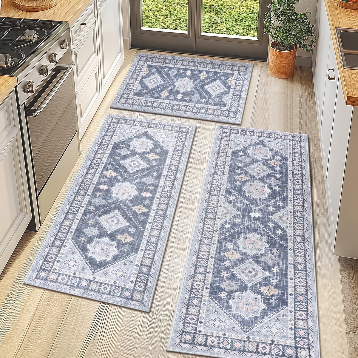 Boho Kitchen Mat Set 3-Piece with Runner – Non-Slip Washable Thick Kitchen Rugs and Mats for Floor, Kitchen Runner Rug for Hallway Laundry Room Holiday Decor