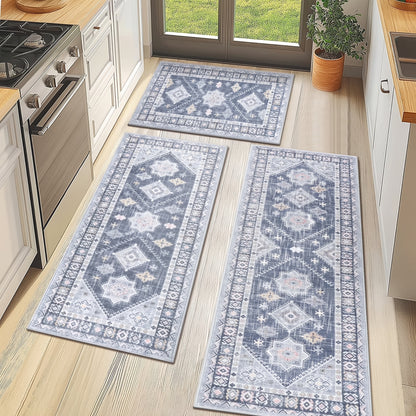 Boho Kitchen Mat Set 3-Piece with Runner – Non-Slip Washable Thick Kitchen Rugs and Mats for Floor, Kitchen Runner Rug for Hallway Laundry Room Holiday Decor