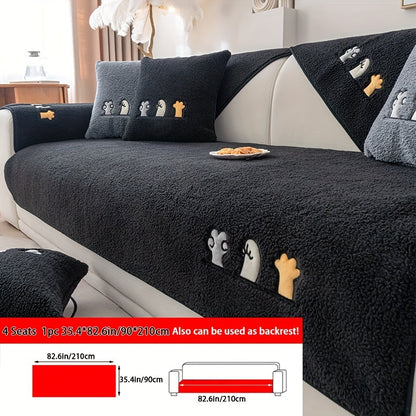 Sofa Cover Plush Shearling Non-Slip Pet-Friendly – Thick Couch Protector with Animal Bone Embroidery for 2 3 4 Seater, Soft Warm Slipcover for Living Room Bedroom Office in Dark Gray Off White Coffee Black