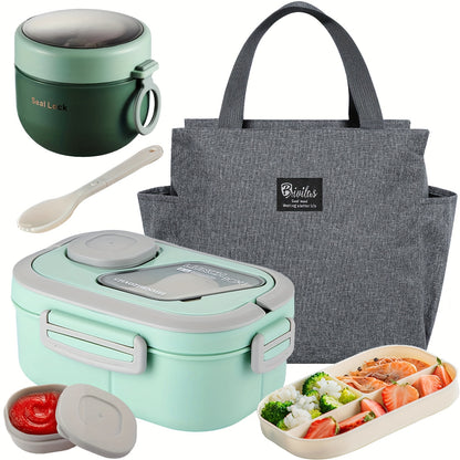 Bento Lunch Box Set with Bag and Cup, 2-Layer Multi-Compartment Meal Prep Container for School Office Picnic, Leakproof Food Storage Box with Insulated Lunch Bag, Pink Blue Green White