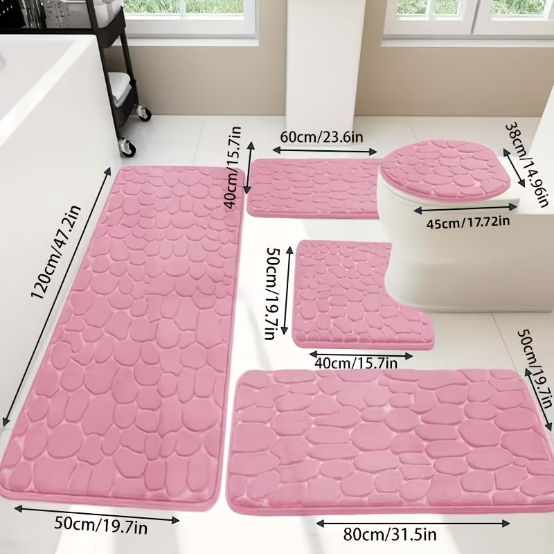 Memory Foam Bathroom Rug Set 5-Piece - Plush Non-Slip Super Absorbent Bath Mats for Sink Bathtub Shower Toilet, Machine Washable Quick-Dry Luxury Soft Sponge Bath Rug Set Black Gray Pink Khaki