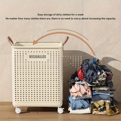 Laundry Basket with Wheels Extra Large Foldable - Breathable Rolling Laundry Hamper with Faux Leather Handles, Collapsible Space-Saving Clothes Storage Bin for Bathroom, Bedroom & Dorm, White Cream