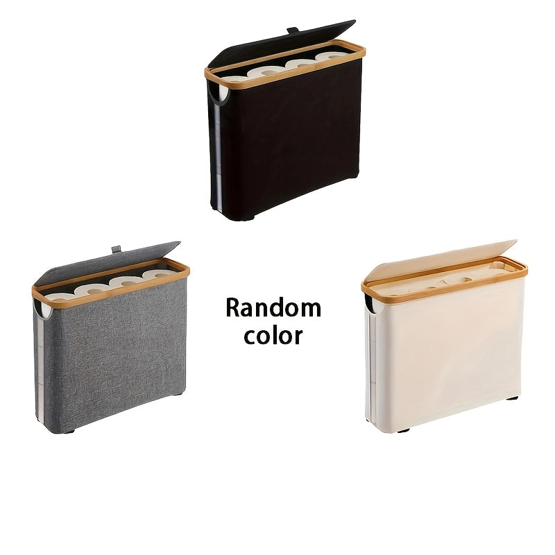 Bamboo Toilet Paper Holder with Lid Foldable, Bathroom Storage Box Organizer Holds 12 Rolls, Toilet Paper Storage Container for Bathroom Counter Cabinet, Black White Gray Mini, Random Color Available