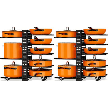 8-Tier Pot and Pan Organizer with Lid Rack – Kitchen Cabinet Cookware Storage Rack for Pots, Pans, Lids and Utensils, Space Saving Adjustable Holder