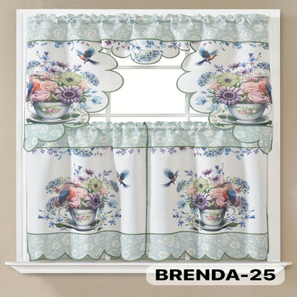 Kitchen Curtains Set 3 Piece with Embroidery – Satin Fabric Valance and Tier Curtains for Kitchen Windows, 49 Colors, Light Filtering, Rod Pocket, Machine Washable