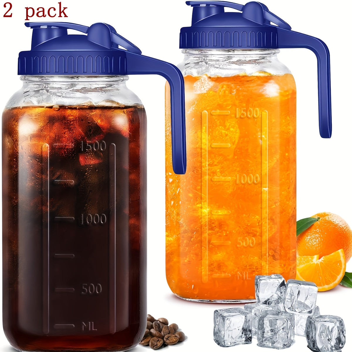 Mason Jar Glass Pitcher with Handle and Lid 64oz Wide Mouth Cold Water Pitcher with Measurement Markings for Iced Tea, Lemonade, Juice & Cold Brew - 2 or 3 Pack (Pink, Black, Blue)