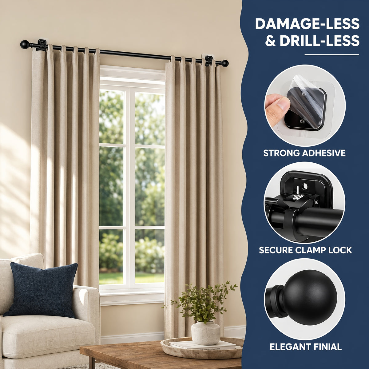 No Drill Curtain Rod with Adhesive Brackets – 5/8 Inch Diameter Tension Drapery Pole, No Hole Wall Damage, 2-Pack Black, Fits Windows 30 to 120 Inches