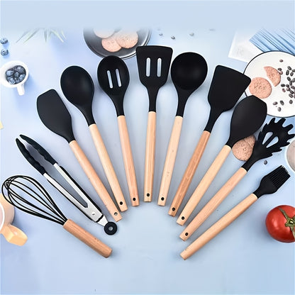 Silicone Cookware Set 19pcs Non-Stick with Bamboo Storage Containers & Knives – Heat-Resistant Pots Pans Utensils, Wooden Handle, Induction & Oven Safe, Kitchen Cooking Gift