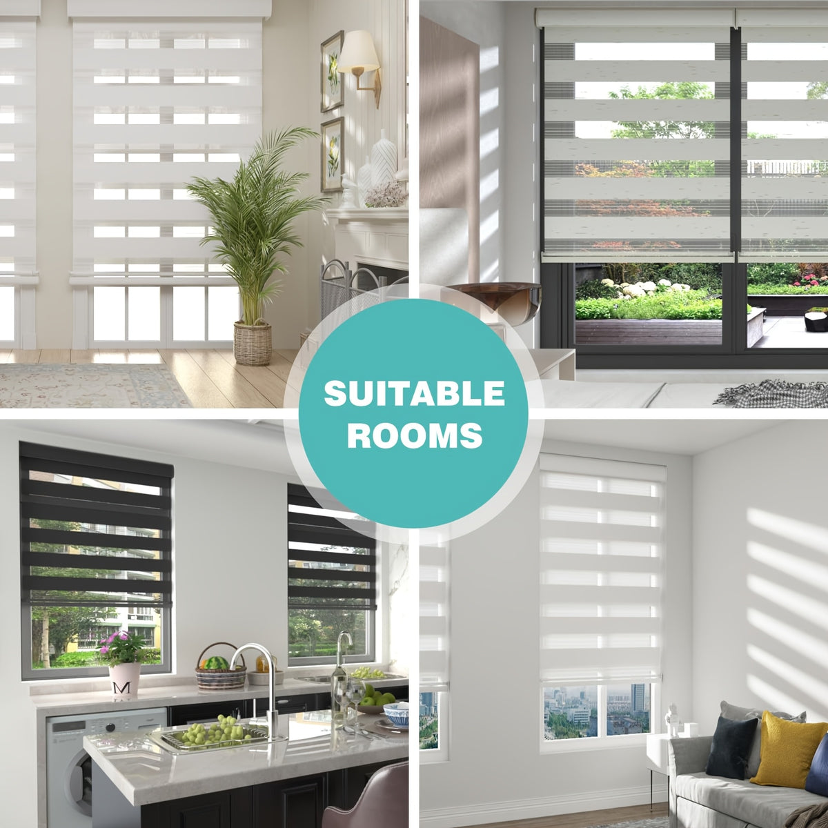 Cordless Zebra Roller Shade with Valance | Double Layer Day & Night Window Blind | Light Filtering & Room Darkening Window Treatment, Beige, Grey, White, Black