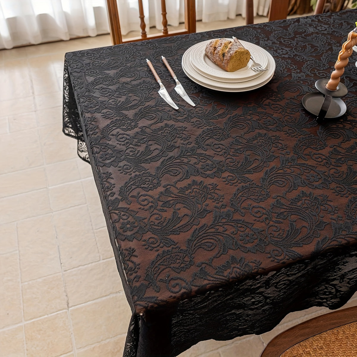 Black Lace Tablecloth with Floral Pattern - Elegant Polyester Rectangular Table Cover for Farmhouse, Thanksgiving, Holiday Dining & Wedding Decor, Machine-Made Durable Fabric