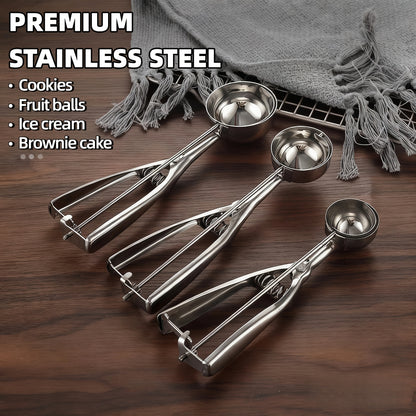3pcs Stainless Steel Ice Cream Scoop Set Triggered Cookie Scoop Fruit Watermelon Scoop 1/2/3 Tbsp, Dishwasher Safe Baking Tools for DIY Ice Cream Cookie Dough Dessert Restaurants