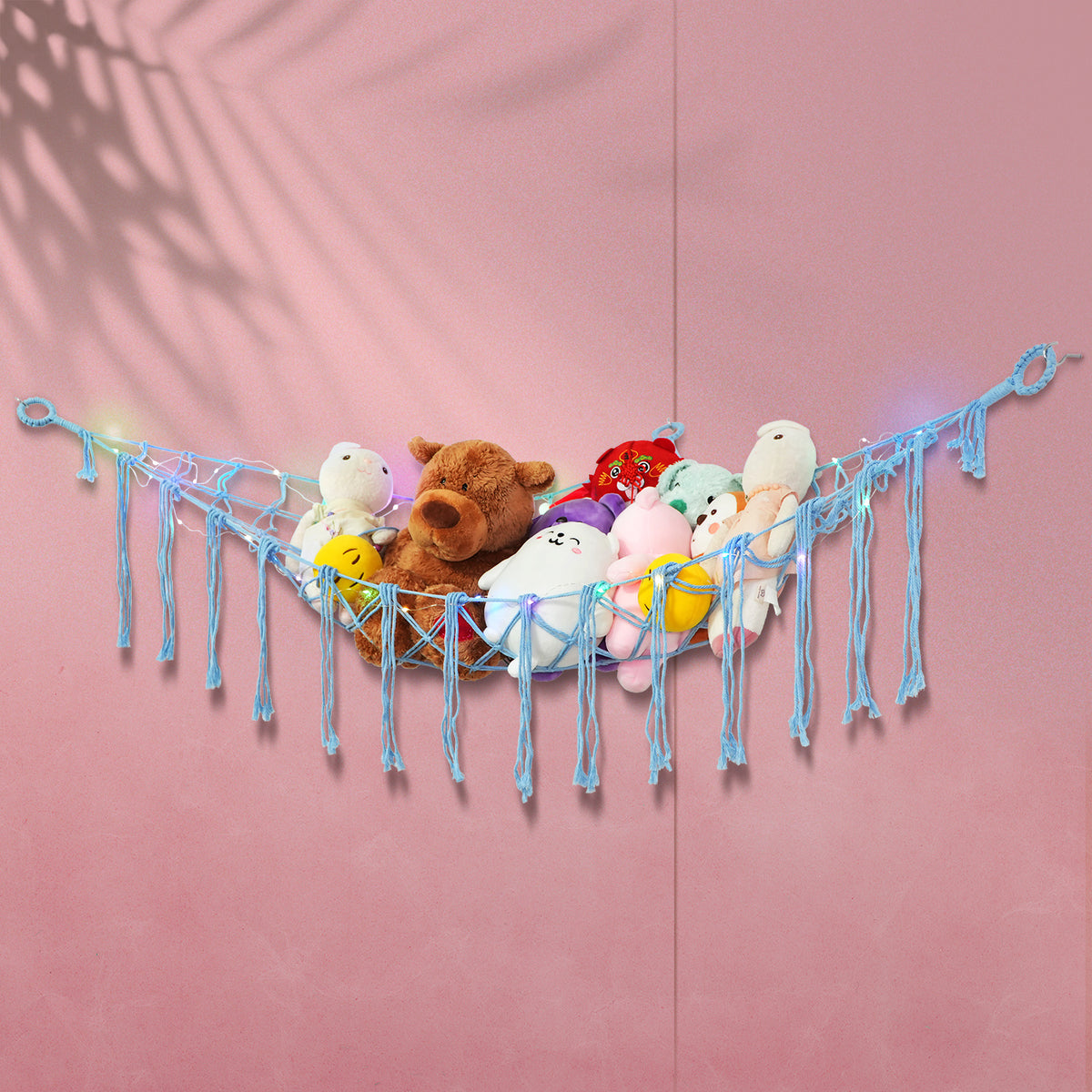 Stuffed Animal Hammock with LED Lights Corner Toy Net Organizer for Kids Bedroom Nursery Plush Toy Storage Hanging Mesh Bag