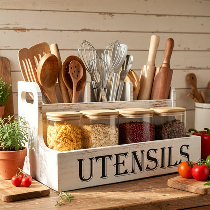 Extra Large Kitchen Utensil Organizer 4 Compartments Wooden Countertop Utensil Holder - Farmhouse Rustic Kitchen Storage for Cooking Utensils Spatulas Spoons - White Black