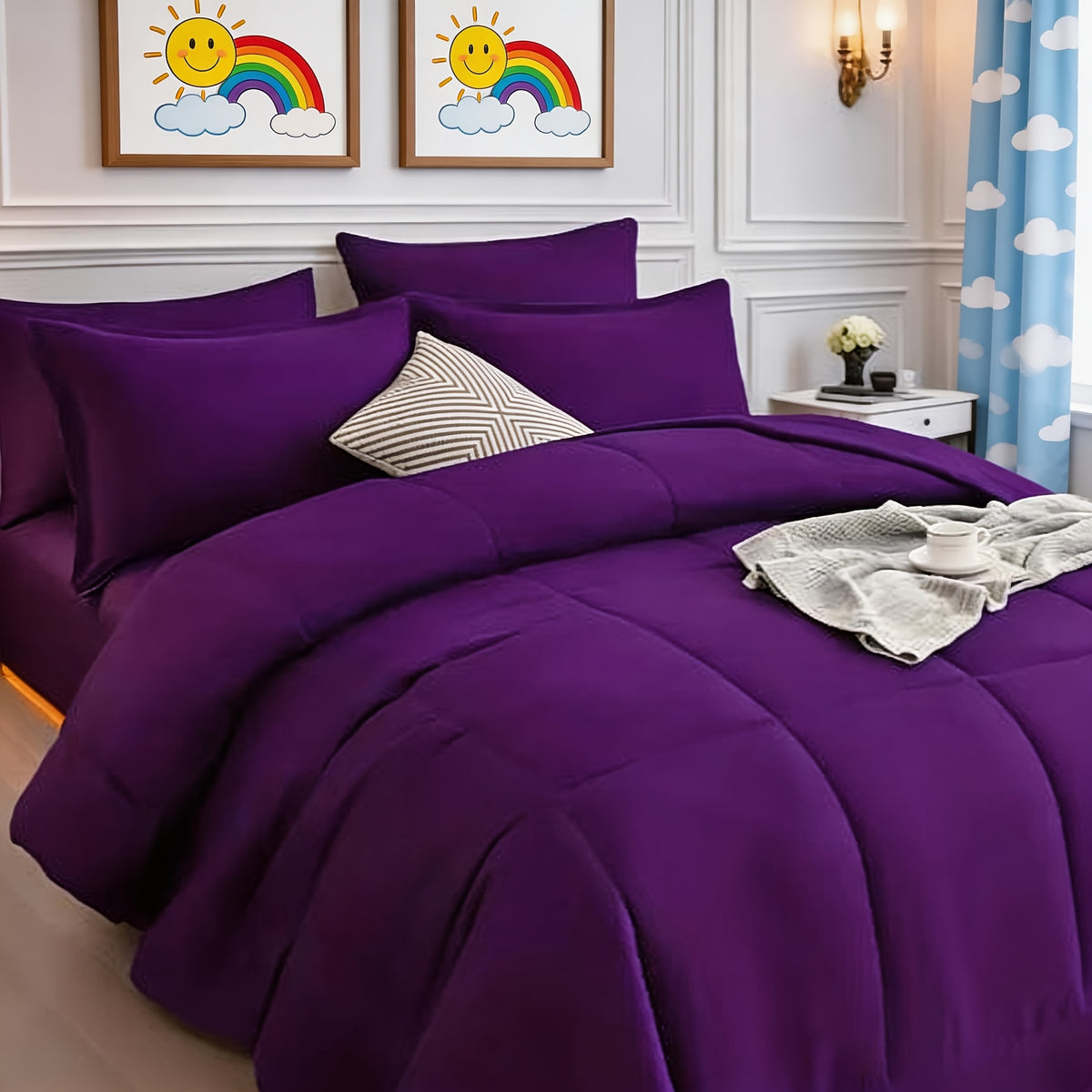 Comforter Sets Queen King Full 7 Piece Bed in a Bag – Soft Satin-Like Fabric, Breathable Quilt Set with Fitted Sheet, Flat Sheet & 4 Pillowcases, Multiple Colors for Bedroom Hotel School