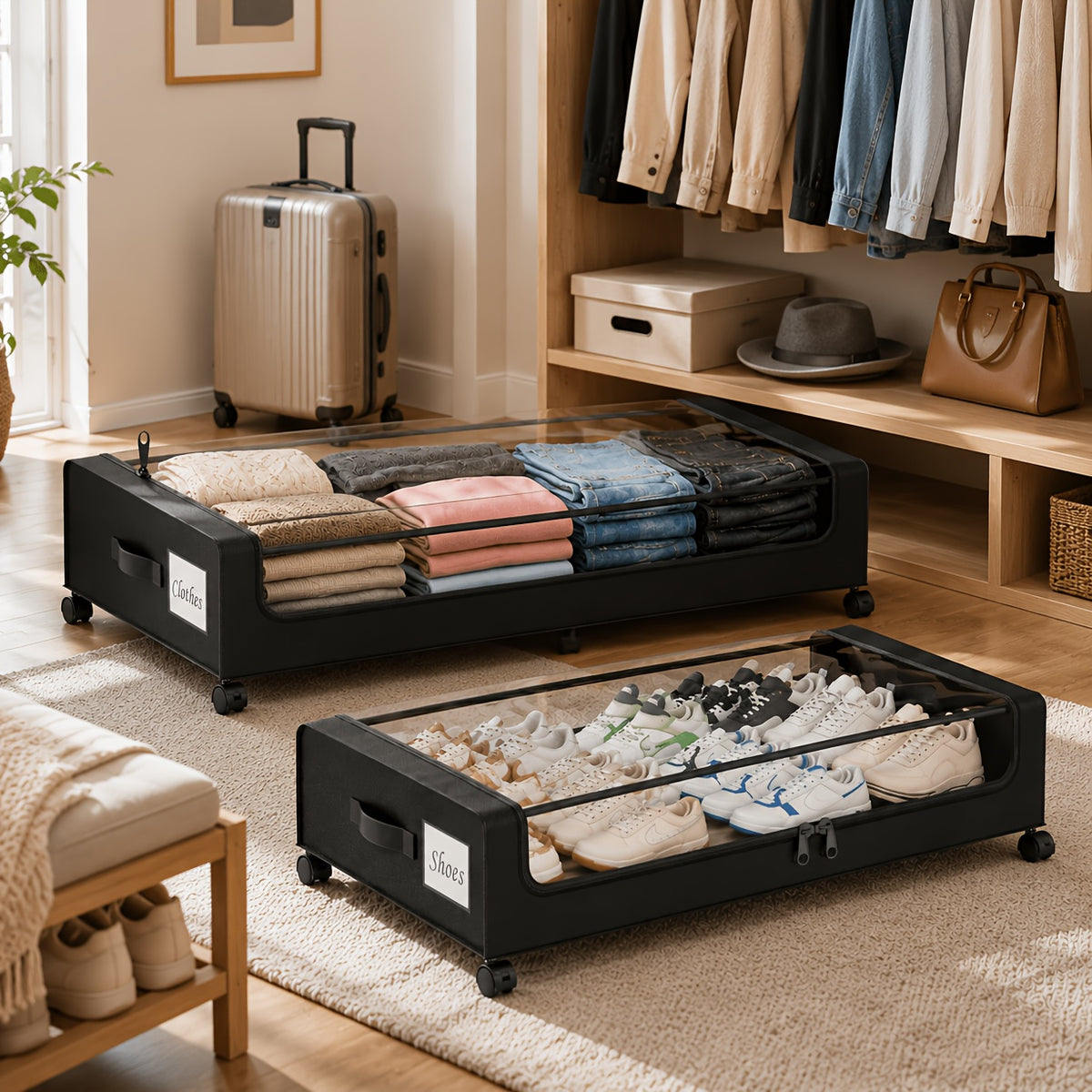 XXL Under Bed Storage Containers with Wheels & Clear Lids – 2-Pack 17.17 Gal Rolling Underbed Drawers for Shoes, Clothes, Comforters & Bedding, Space-Saving Pull-Out Bins for Dorm & Bedroom, Black & Grey