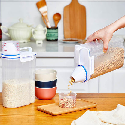 Food Storage Canisters 4 Pack Large Capacity Transparent PP Plastic with Measuring Cups and Scale Markings, Flip Top Lid Airtight Kitchen Pantry Containers for Rice Flour Grains Dog Food Organization