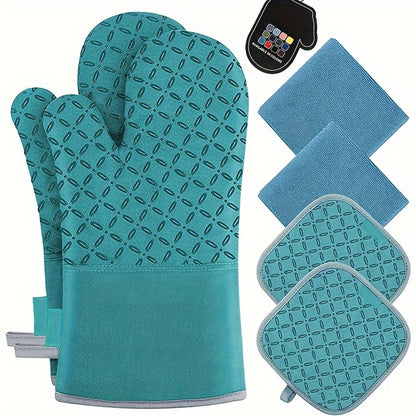 Oven Mitts and Pot Holders Set 6 Piece Heat Resistant Kitchen Gloves with Non-Slip Surface for Cooking Baking BBQ Grilling Multiple Colors Gray Black Green Blue Red Pink