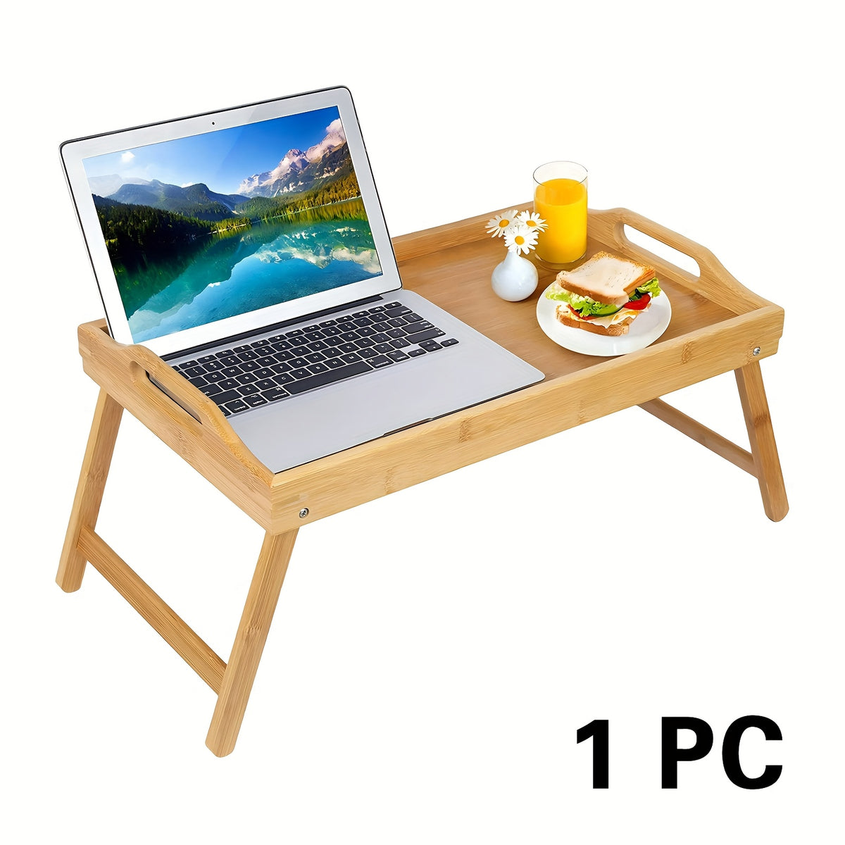 Bamboo Bed Tray Table with Folding Legs & Handles – 19.32 x 11.83 Inch Natural Wood Breakfast Tray for Bed Sofa, Laptop Desk Snack Serving Tray for Bedroom Living Room, 1 or 2 Pack