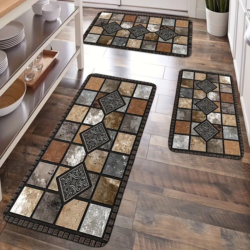 Kitchen Mat Set 3 Piece Farmhouse Geometric Anti-Fatigue Cushioned Rug for Kitchen Floor, Soft Non-Slip Mats for Bedroom, Living Room, Dining Room & Bathroom – Retro Rural Style Home Decor