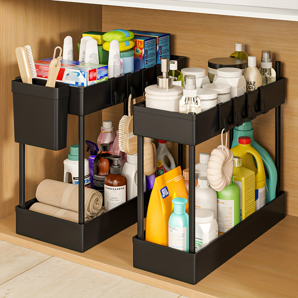 Under Sink Organizer 2 Pack – Double Tier Sliding Storage Basket with 8 Hooks, Adjustable Cabinet Organizer for Kitchen Bathroom Under Sink Storage, Moonlight White Matt Black Light Gray