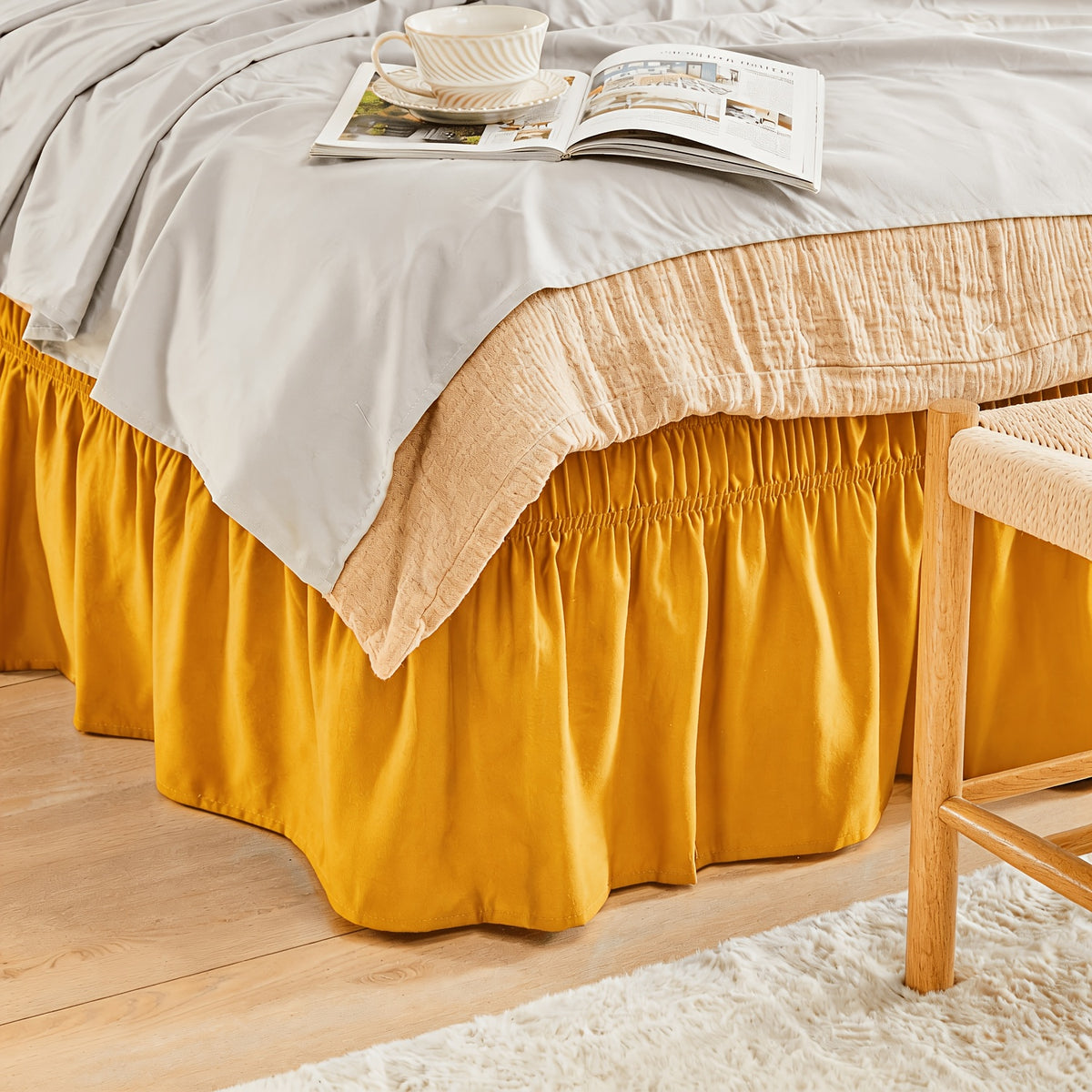 Bed Skirt Wrap Around Elastic – 15 Inch Drop Microfiber Dust Ruffle No Lift Needed Adjustable Hotel Quality Fade Resistant Machine Washable Twin Full Queen King 30 Colors